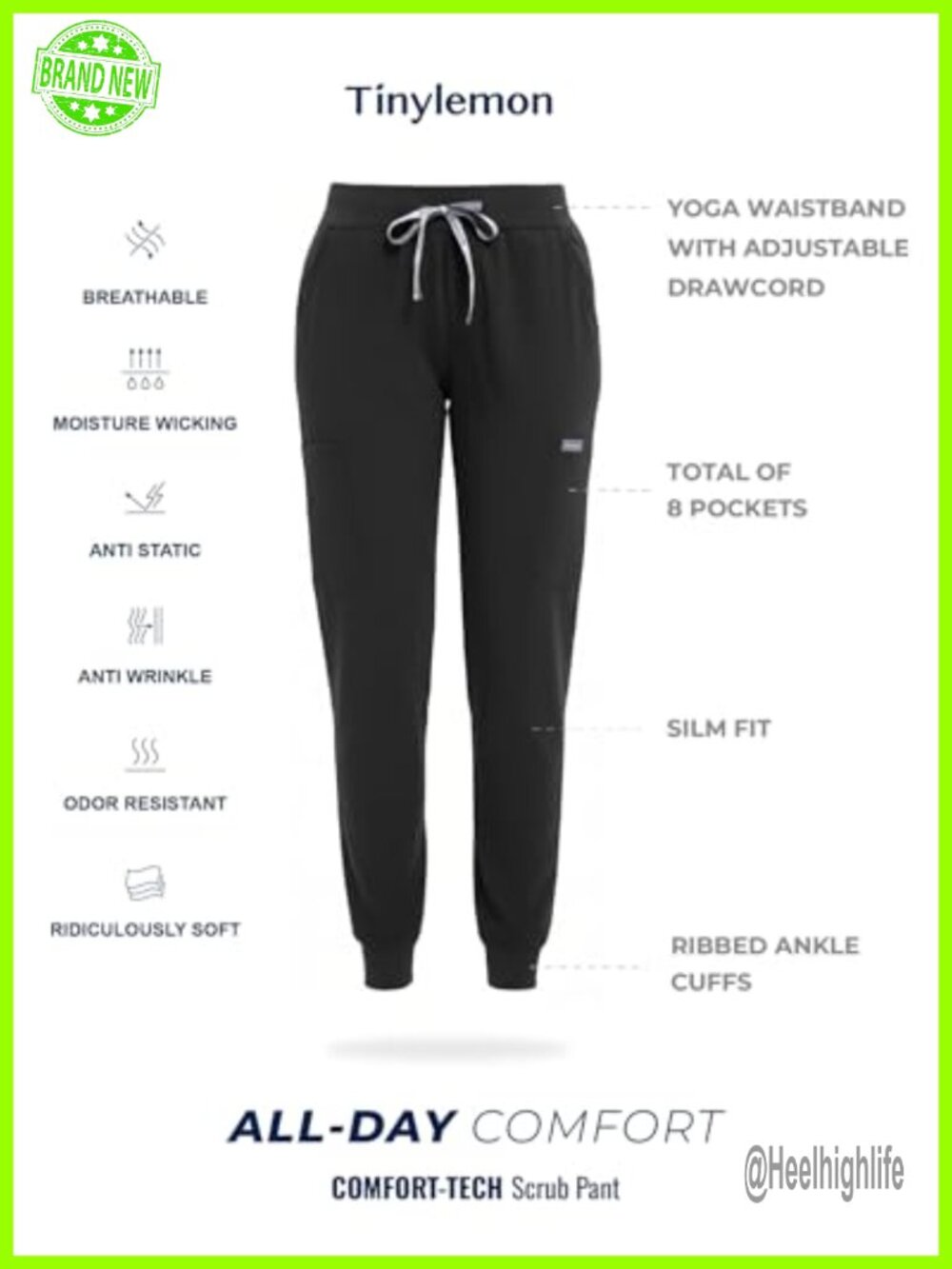 Scrub Pants for Women Slim Fit Four Way Stretch Yoga Waistband Joggers 8 Pockets - Picture 2 of 6